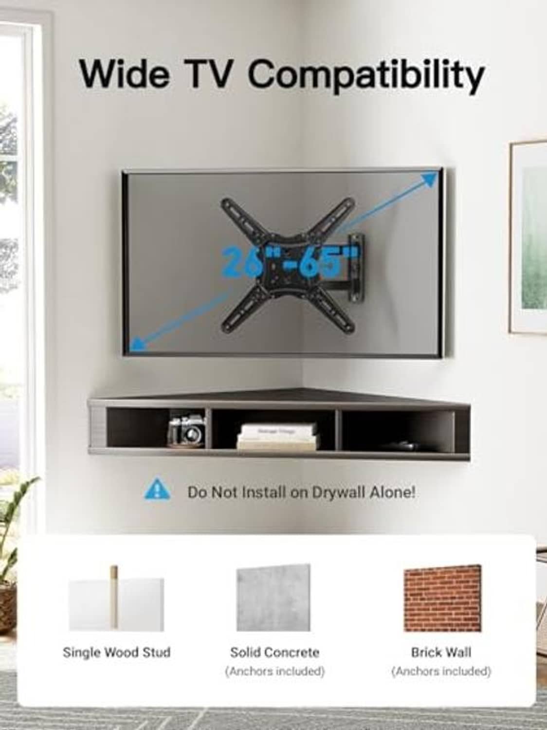 Full-motion TV wall mount for 26–65 inch TVs; includes instructions for installation