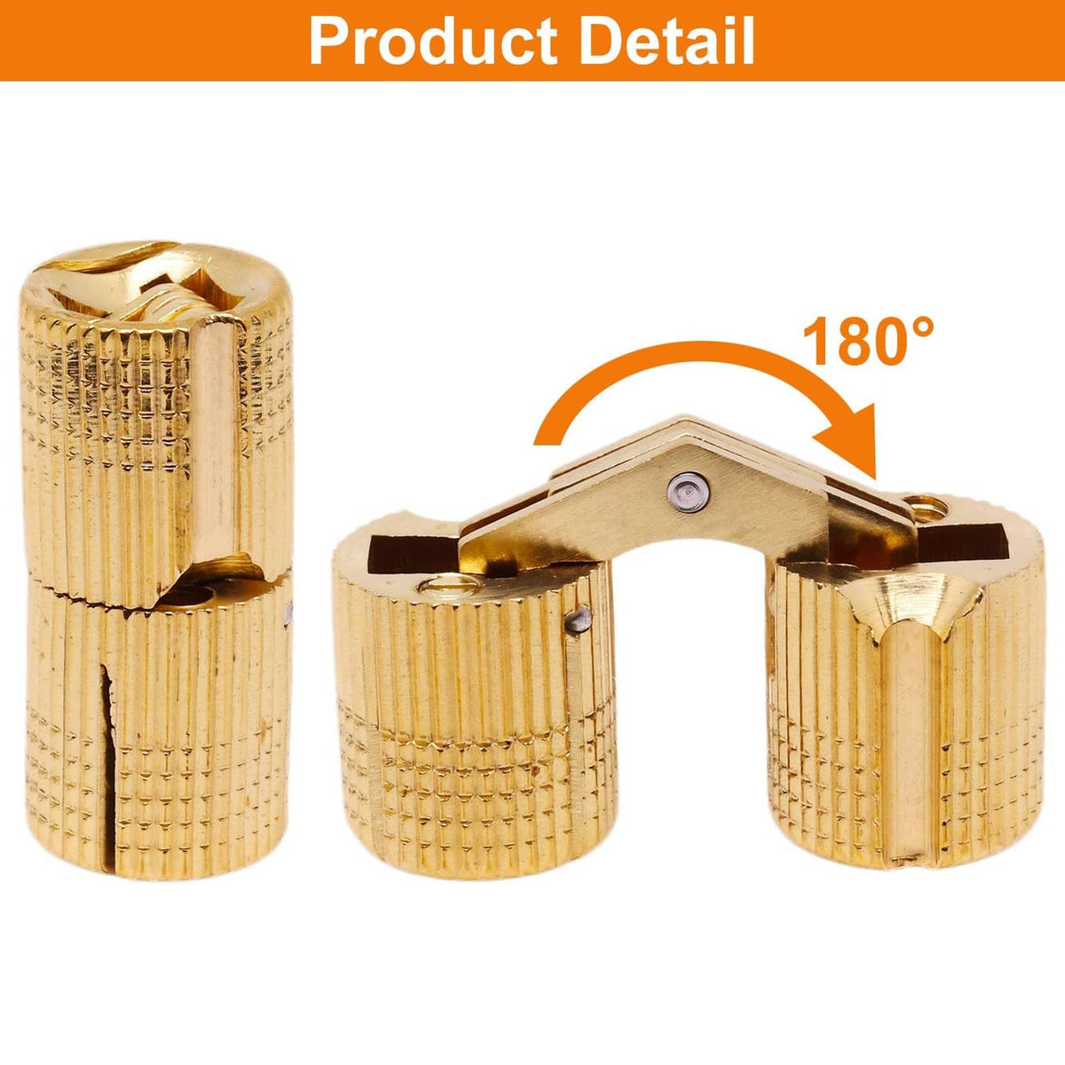 Brass-finish concealed barrel hinge shown open, cylindrical body with pivot plate