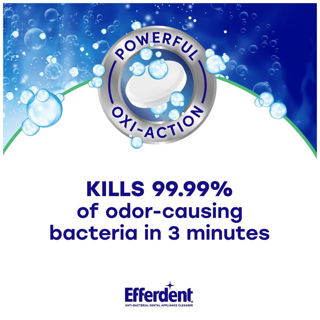 Efferdent Powerful Oxi-Action badge on blue tablet pack