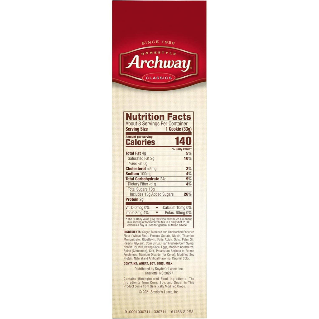 Back of Archway soft iced oatmeal cookies box with Nutrition Facts and ingredient text