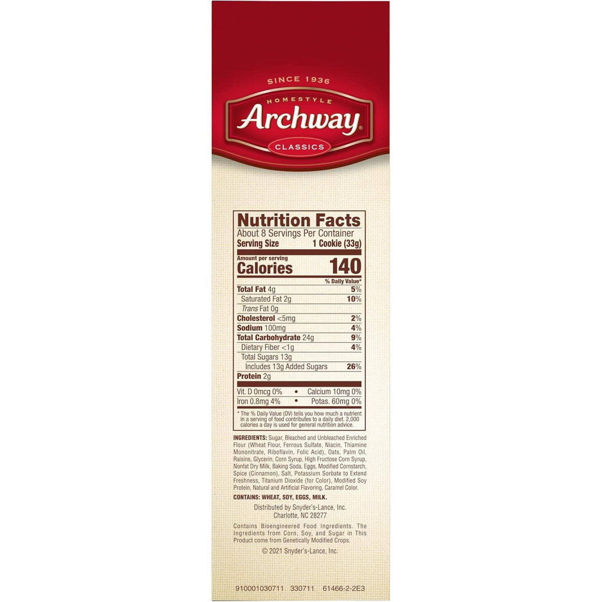 Back of Archway soft iced oatmeal cookies box with Nutrition Facts and ingredient text