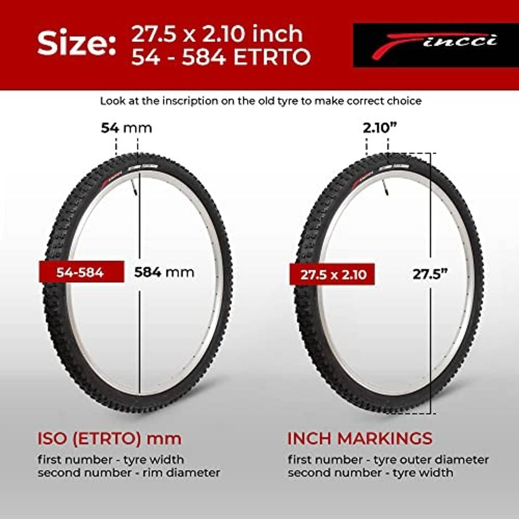 Mountain bike tire size diagram showing tread profile and sidewall dimensions