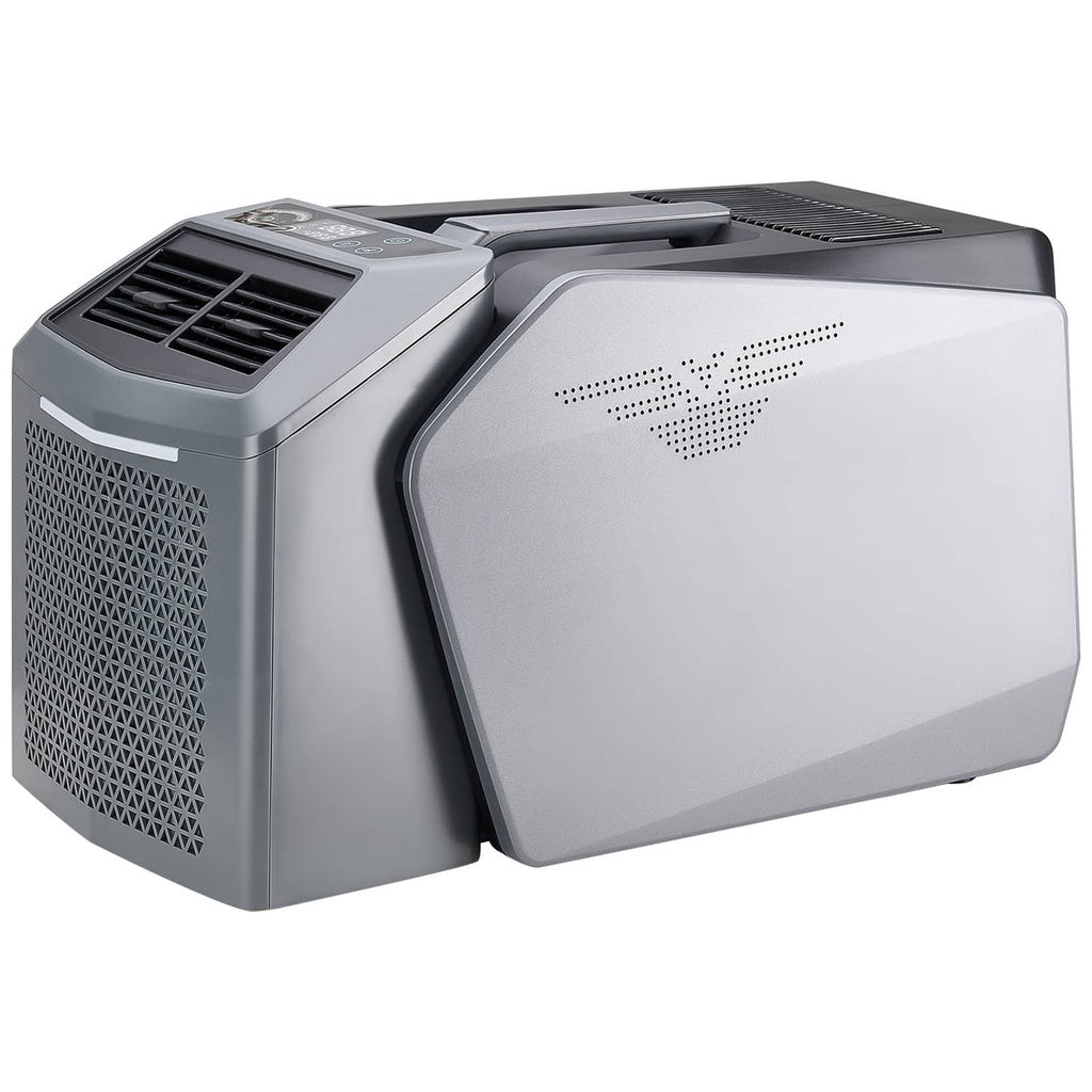 Portable air conditioner unit in light gray with front vent grille and control panel