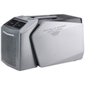 Portable air conditioner unit in light gray with front vent grille and control panel