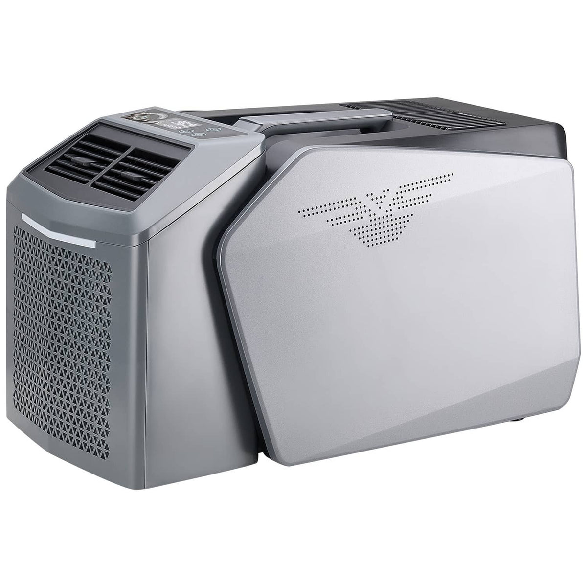 Portable air conditioner unit in light gray with front vent grille and control panel