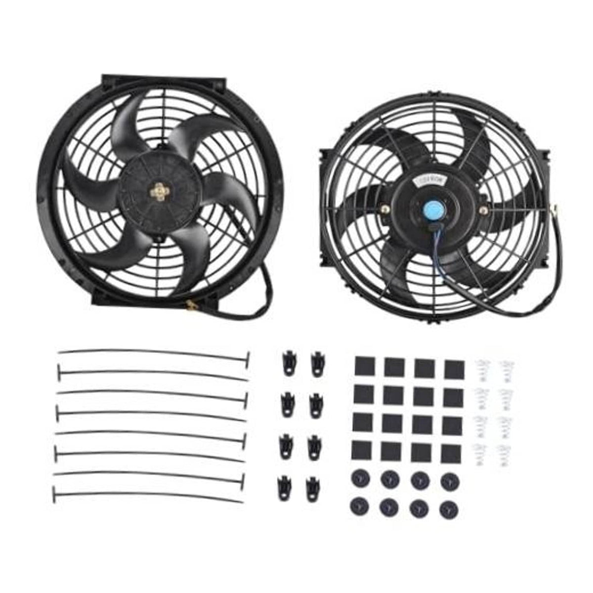 Pair of 10-inch black electric push-pull radiator cooling fans with grilles and wiring