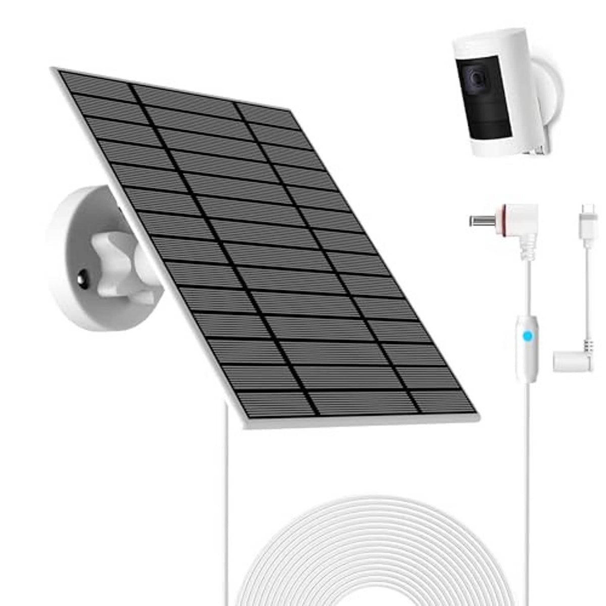 Black 6W solar panel attached to white wall bracket with cable connection