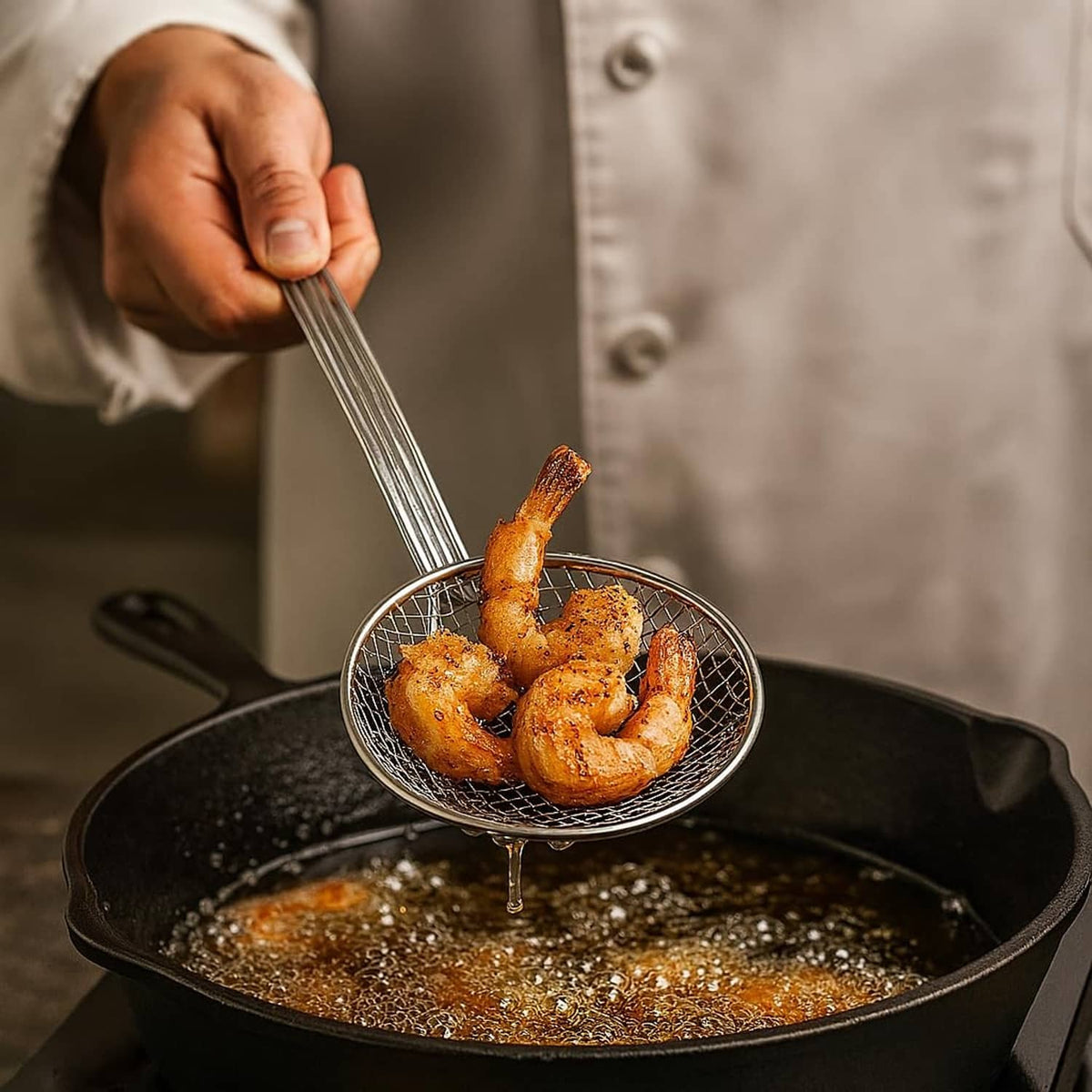 Long-handled mesh fryer skimmer lifting shrimp from hot oil