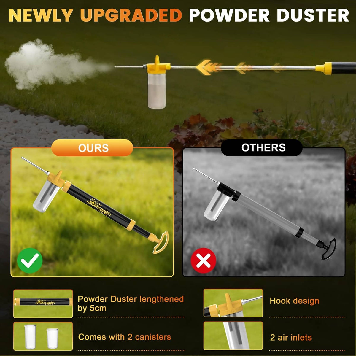 Powder duster with yellow nozzle and clear bottle releasing a cloud of fine white powder