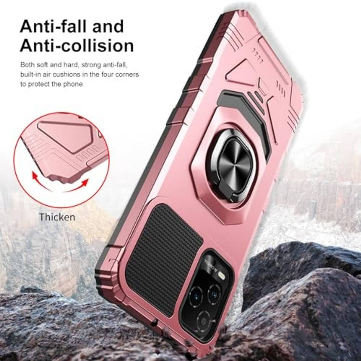 Rose gold rugged phone case with thick corner protection and ring kickstand