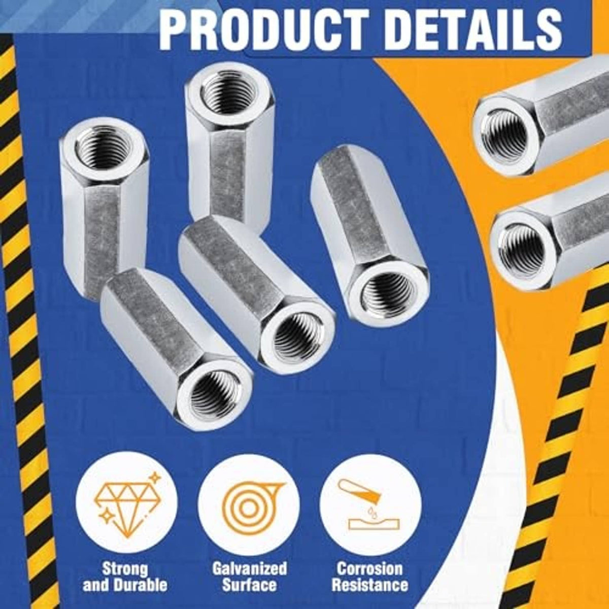 Hex coupling nuts with zinc finish, multiple pieces showing internal threads