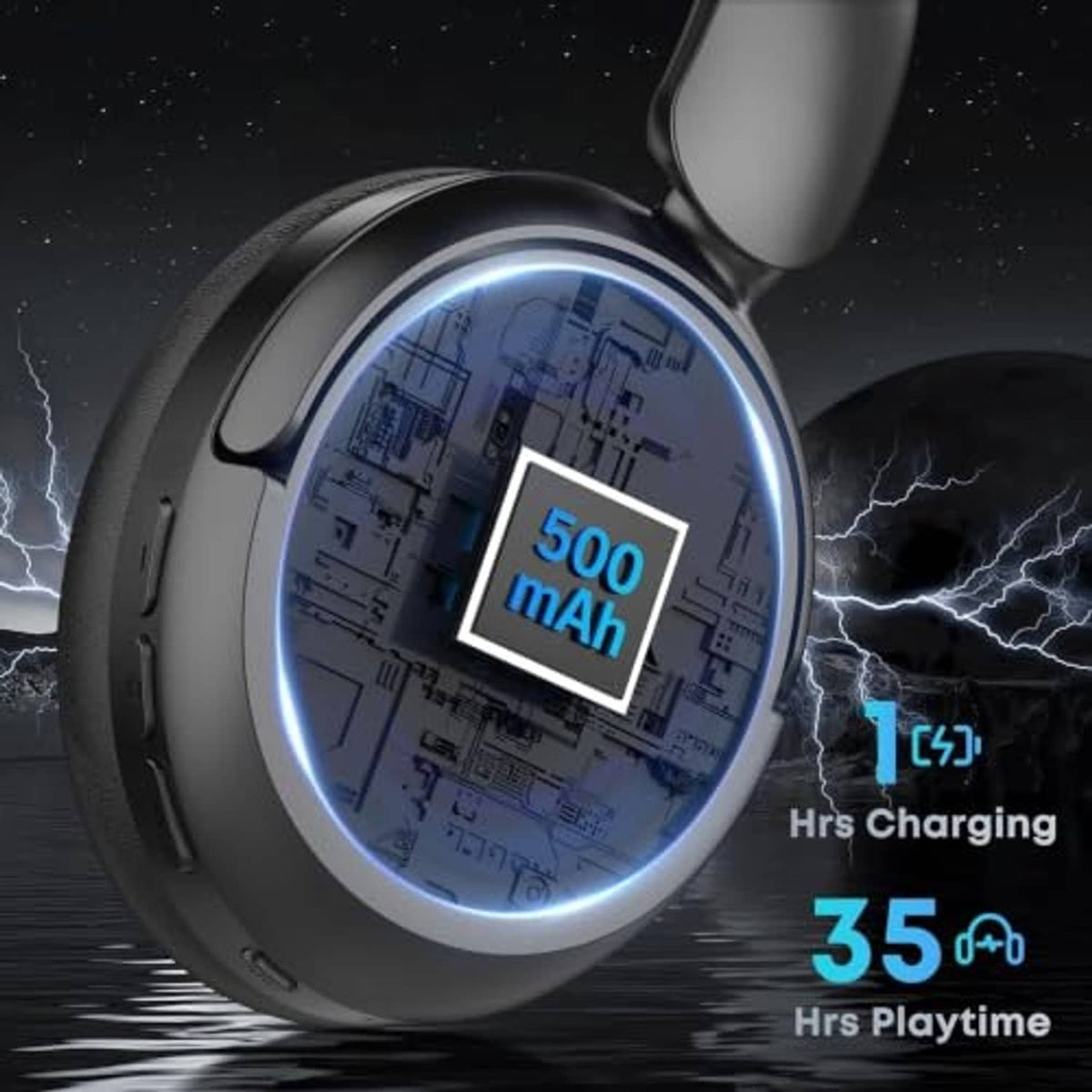 Black over-ear headphones with LED-style display on the ear cup, over ear design