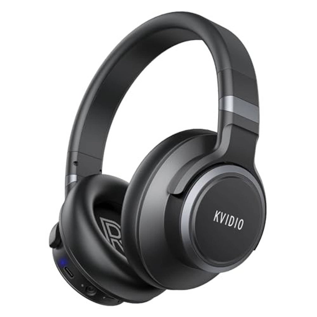 Black over-ear Bluetooth headphones, angled view with padded headband