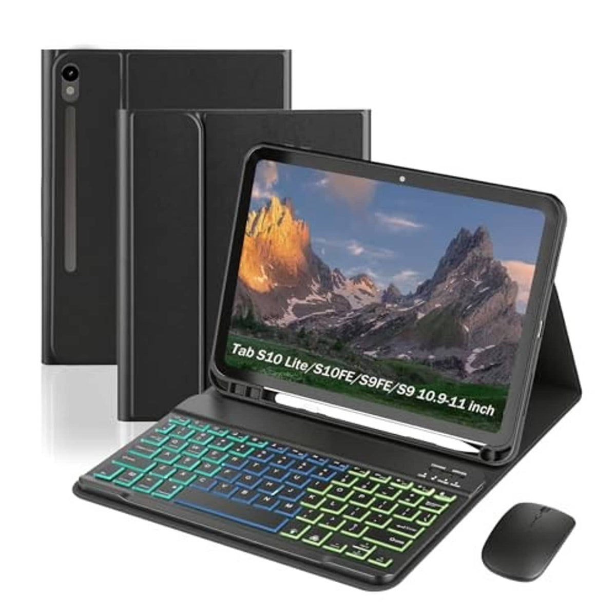 Black tablet keyboard case with green backlit keys and included wireless mouse