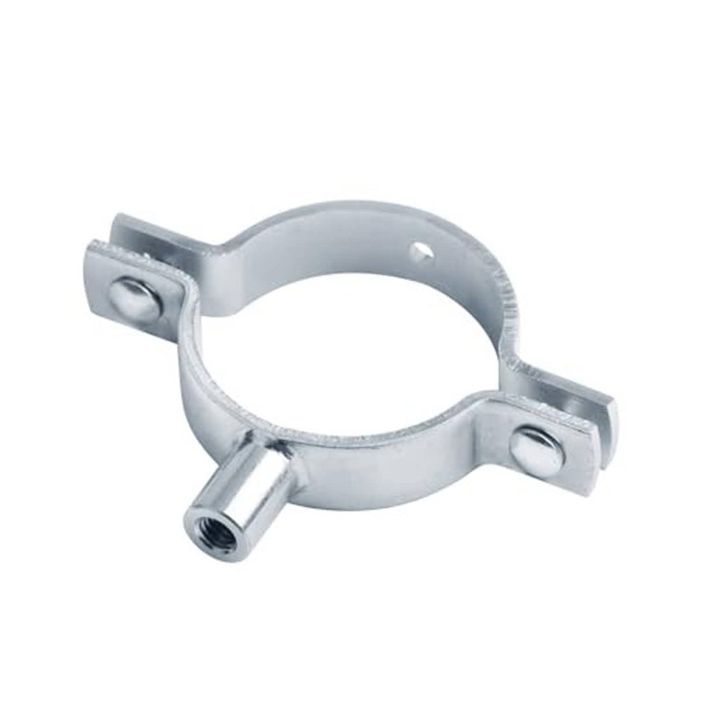 Galvanized split-ring pipe hanger clamp with side screw mounting tabs