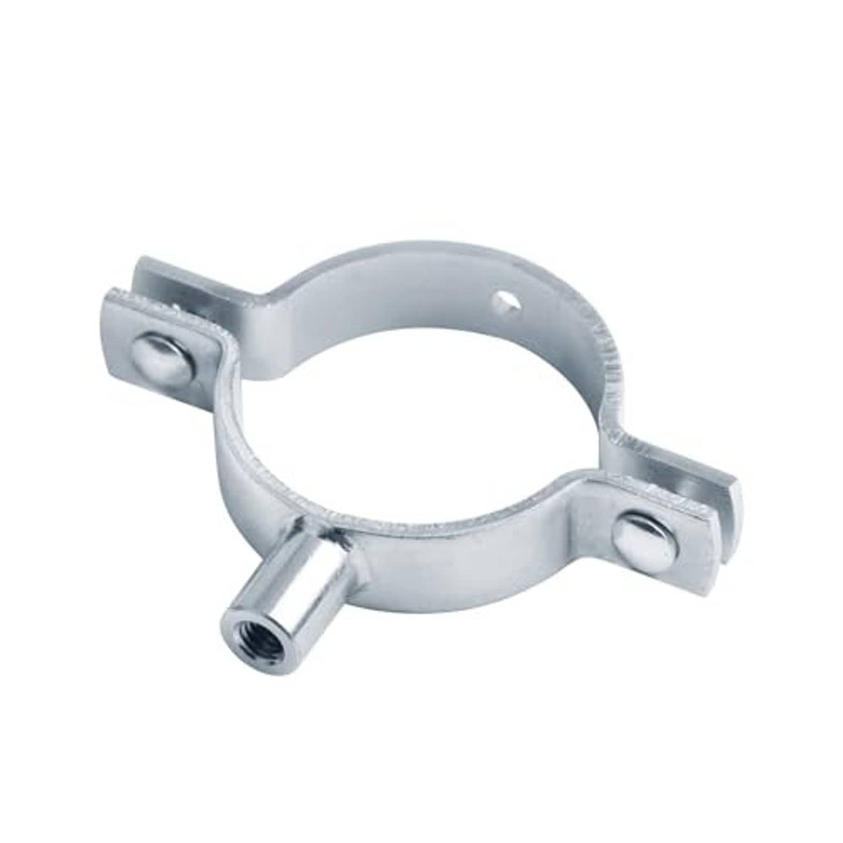 Galvanized split-ring pipe hanger clamp with side screw mounting tabs