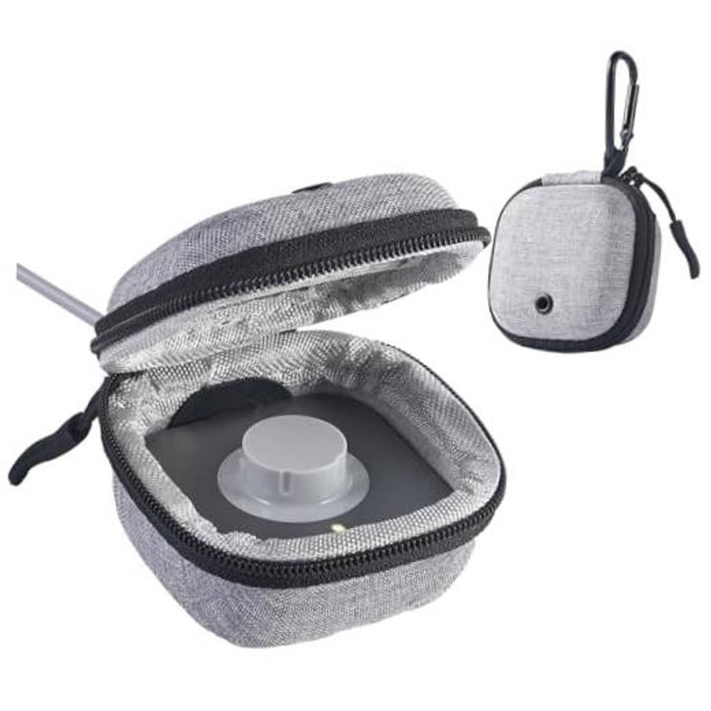 Grey hard-shell travel pouch with zipper and carabiner, opened to reveal ring holder
