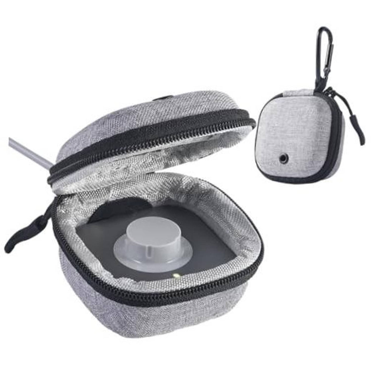 Grey hard-shell travel pouch with zipper and carabiner, opened to reveal ring holder