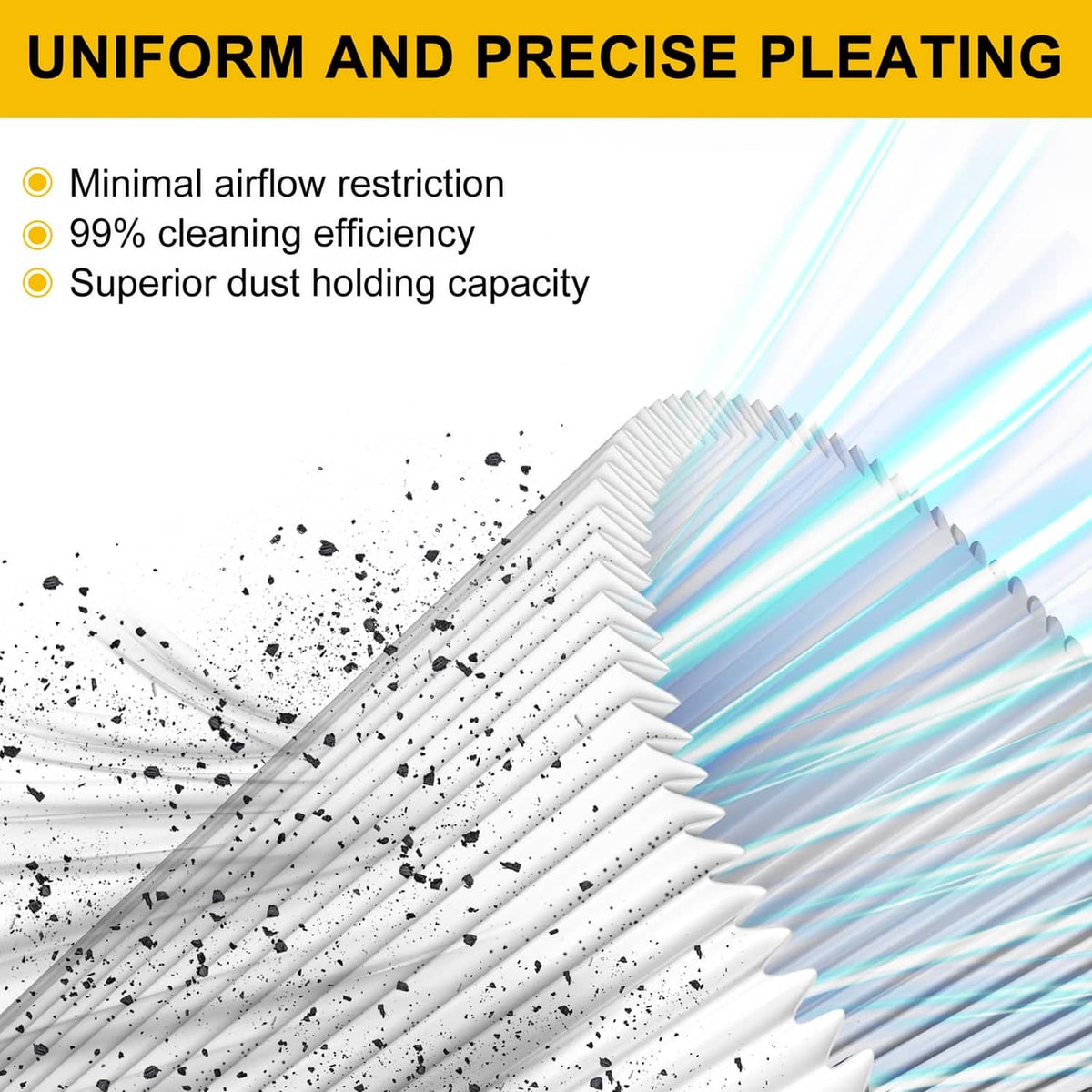 Pleated air filter media with dust particles and airflow flow lines