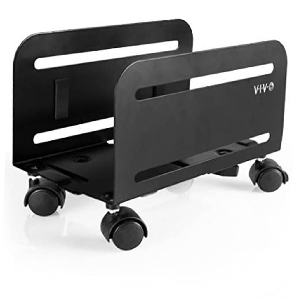Black mid-tower PC case cart with steel rolling stand and four caster wheels