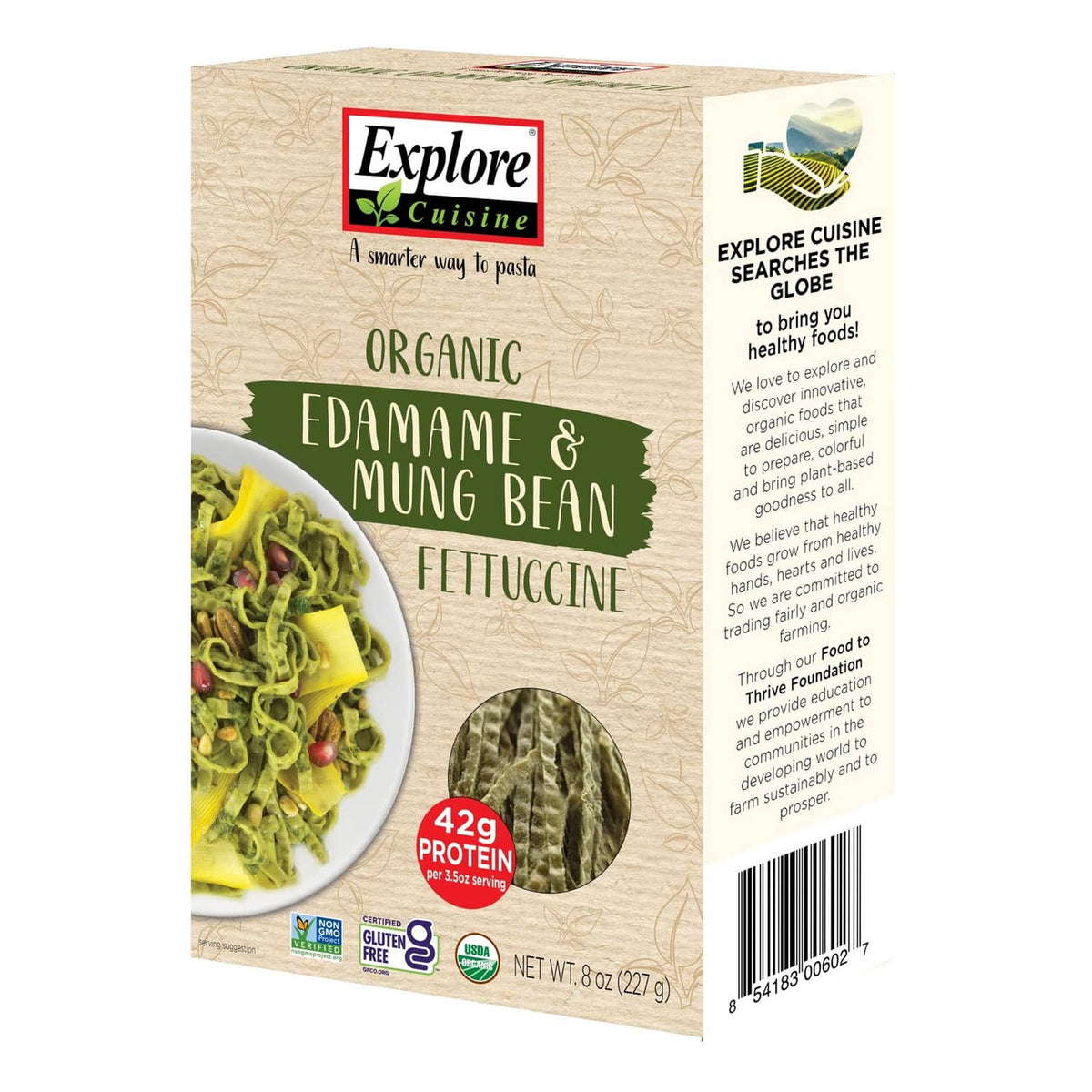Organic edamame & mung bean fettuccine pasta box, 8 oz, front view