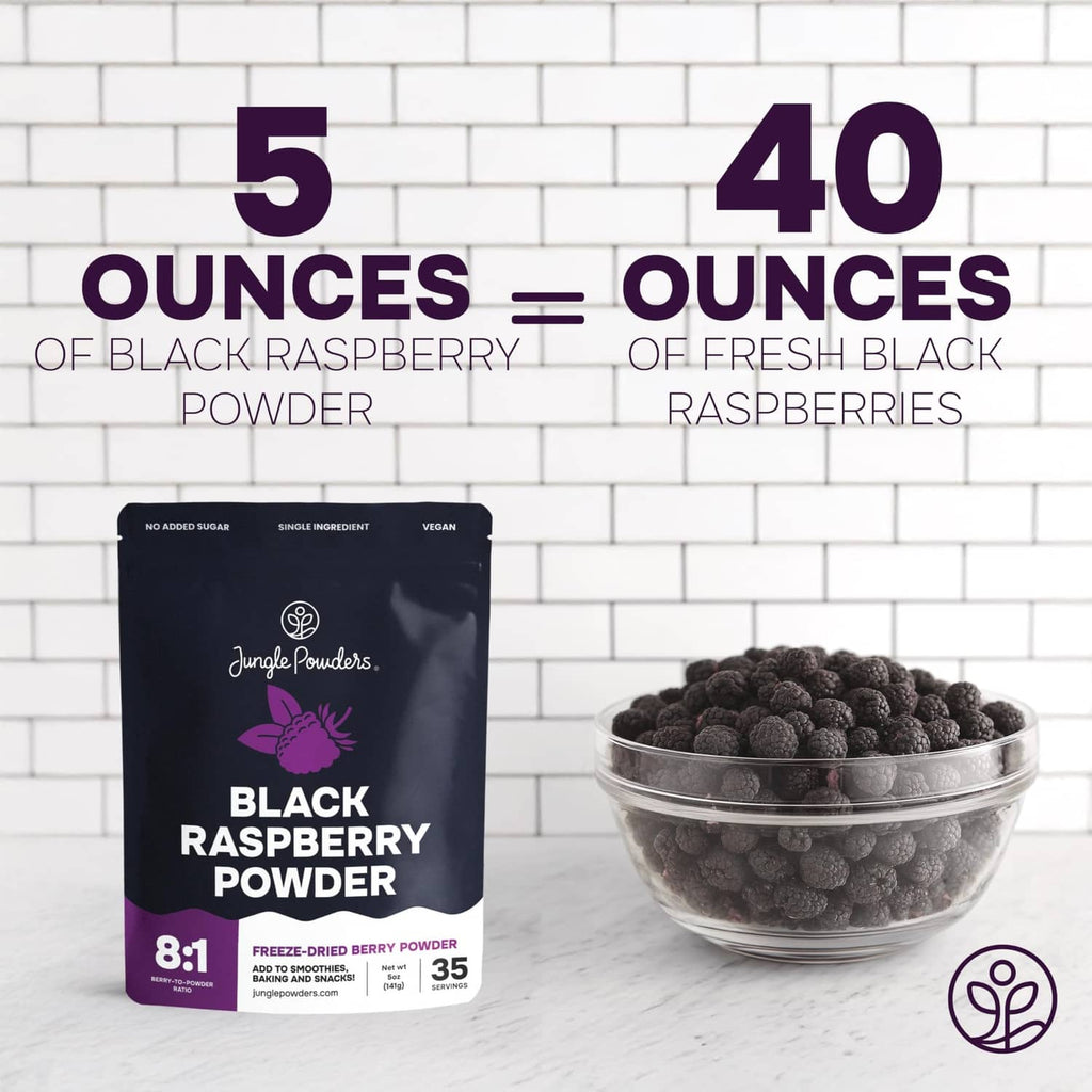Black raspberry powder pouch beside a clear bowl of freeze-dried berries