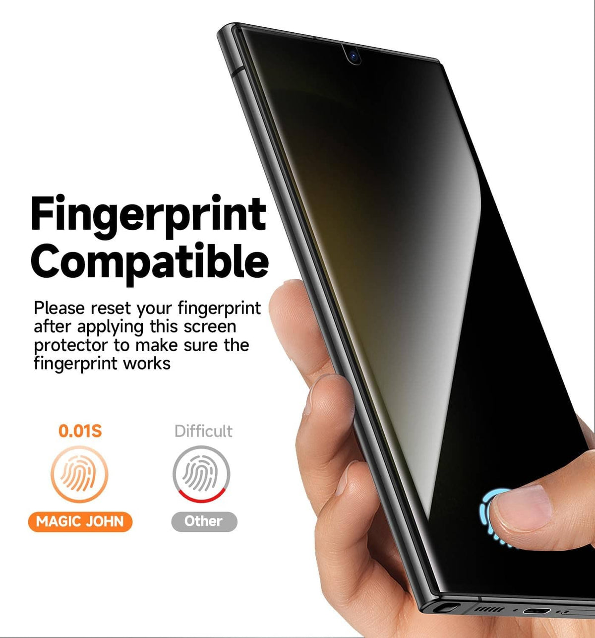 Fingerprint-compatible tempered glass screen protector on a phone display