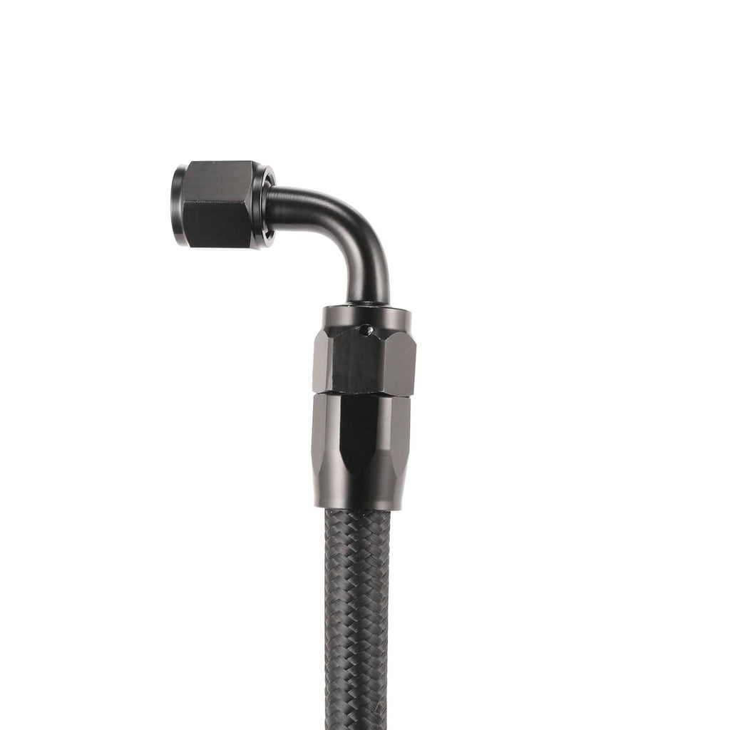 Braided fuel line end fitting with elbow connector and black textured hose sleeve.