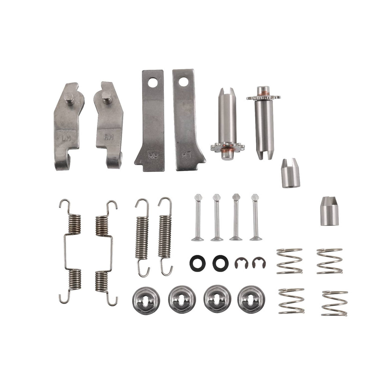 Stainless steel parking brake hardware kit assortment with springs, clips, and cylinder parts