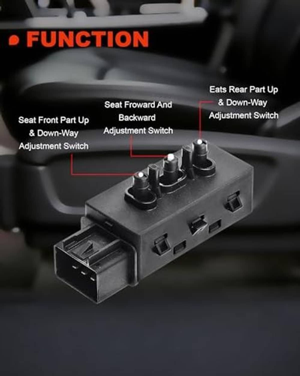 Black power seat adjustment switch with raised buttons and multi-pin wiring plug