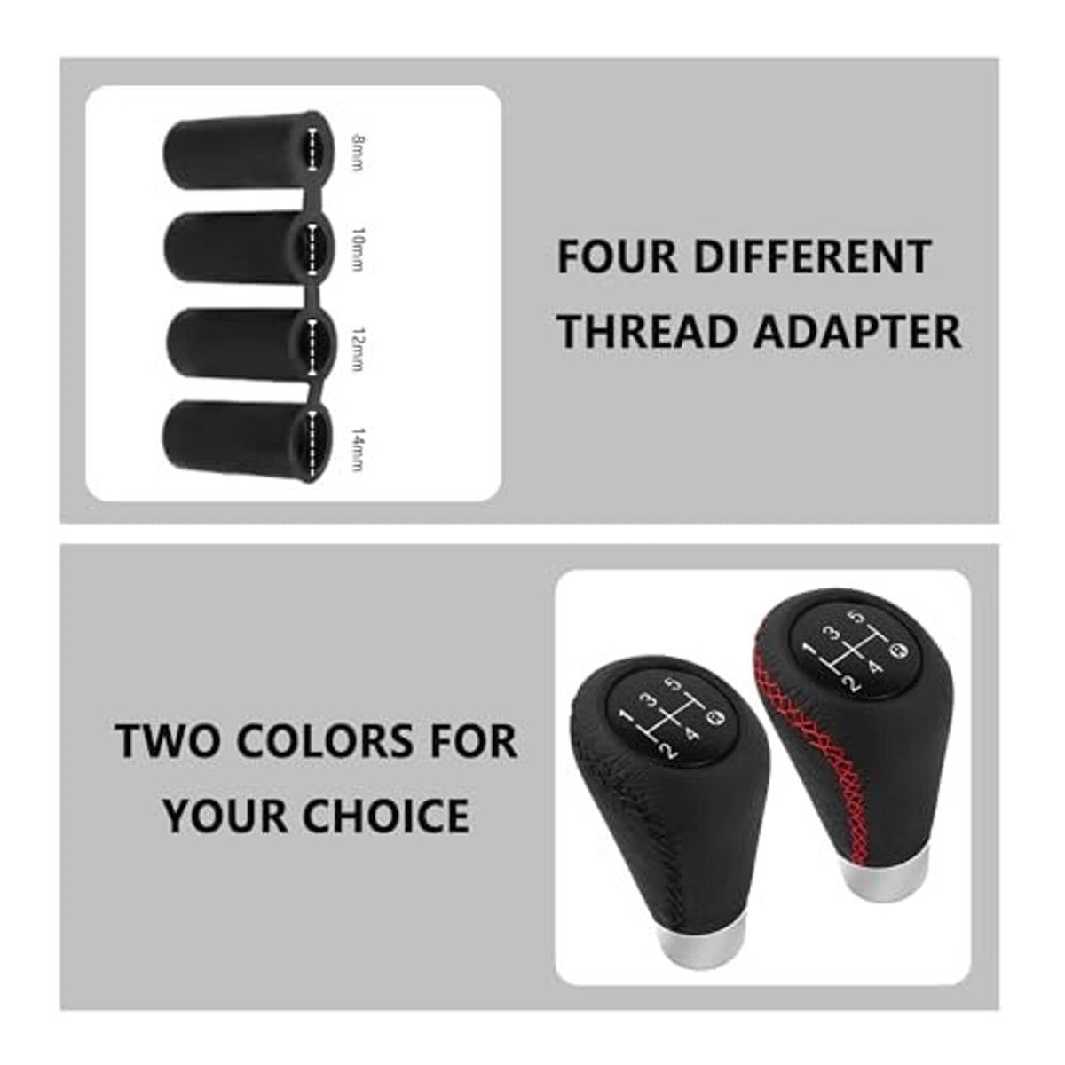 Black leather 5-speed gear shift knob with textured grip; set includes four thread adapters