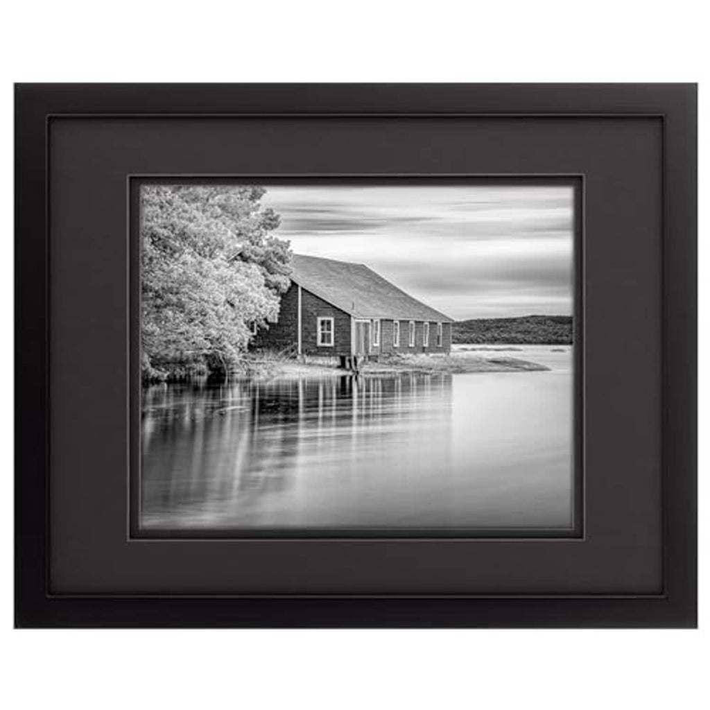 Black wood wall photo frame with white mat, black-and-white landscape print
