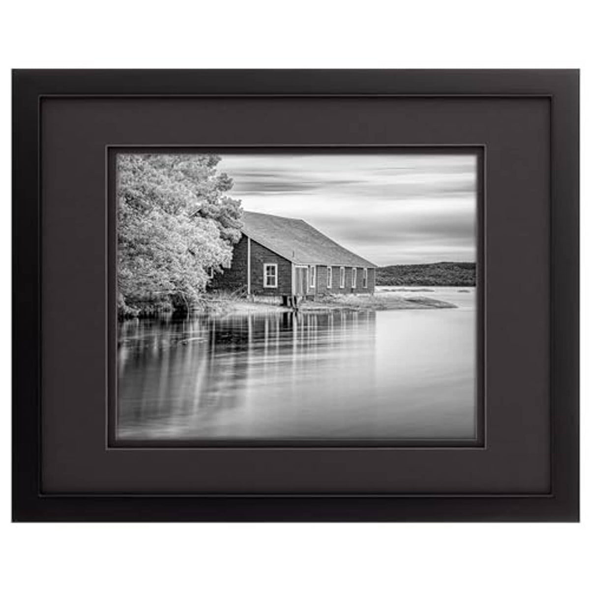 Black wood wall photo frame with white mat, black-and-white landscape print