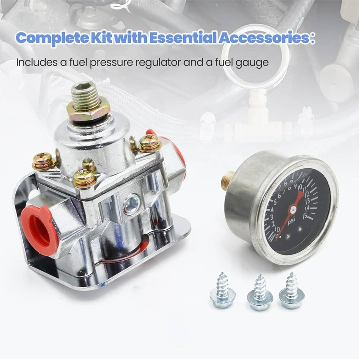 Low fuel pressure regulator kit with round fuel pressure gauge and included mounting screws