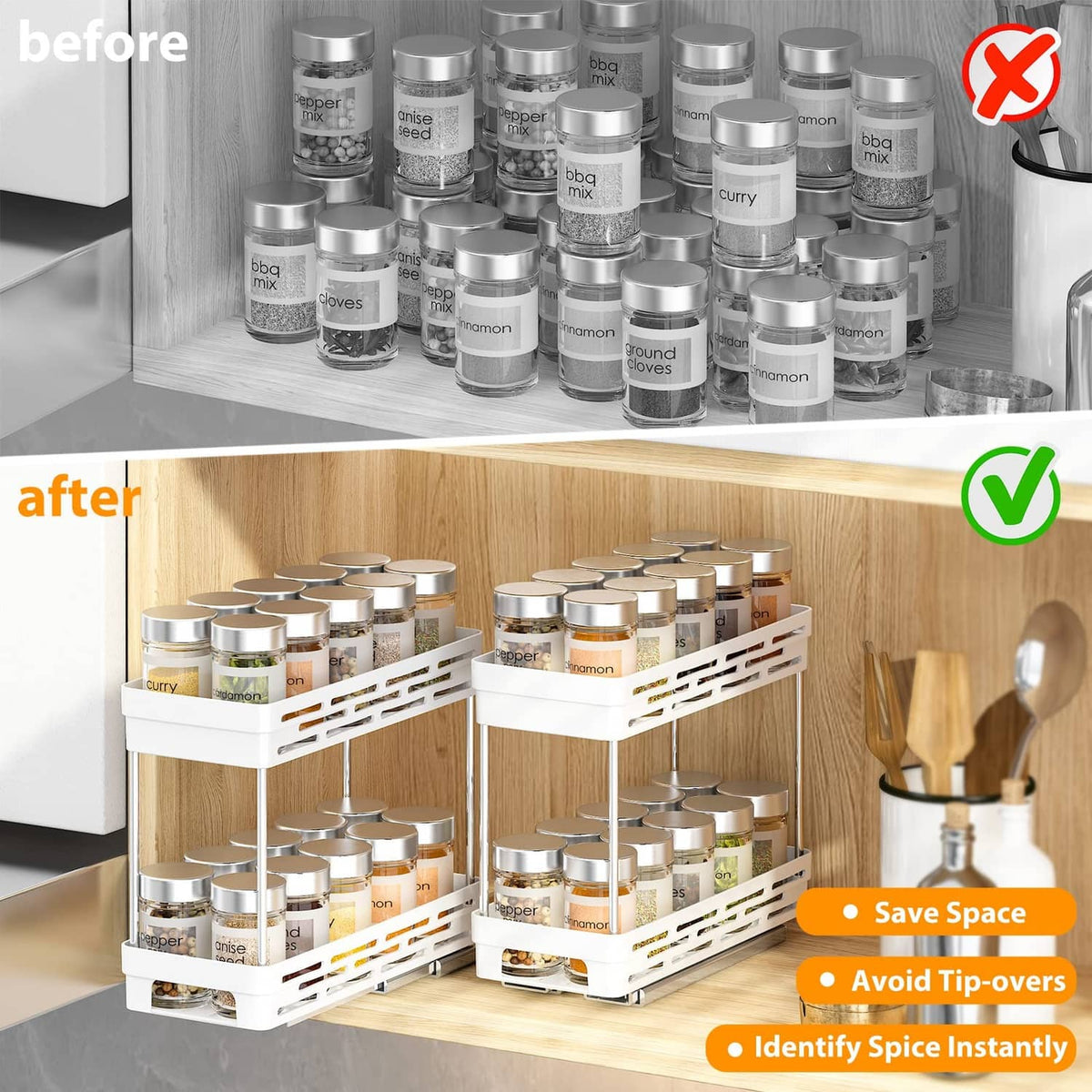 White pull-out spice rack organizer that keeps spice jars upright and organized