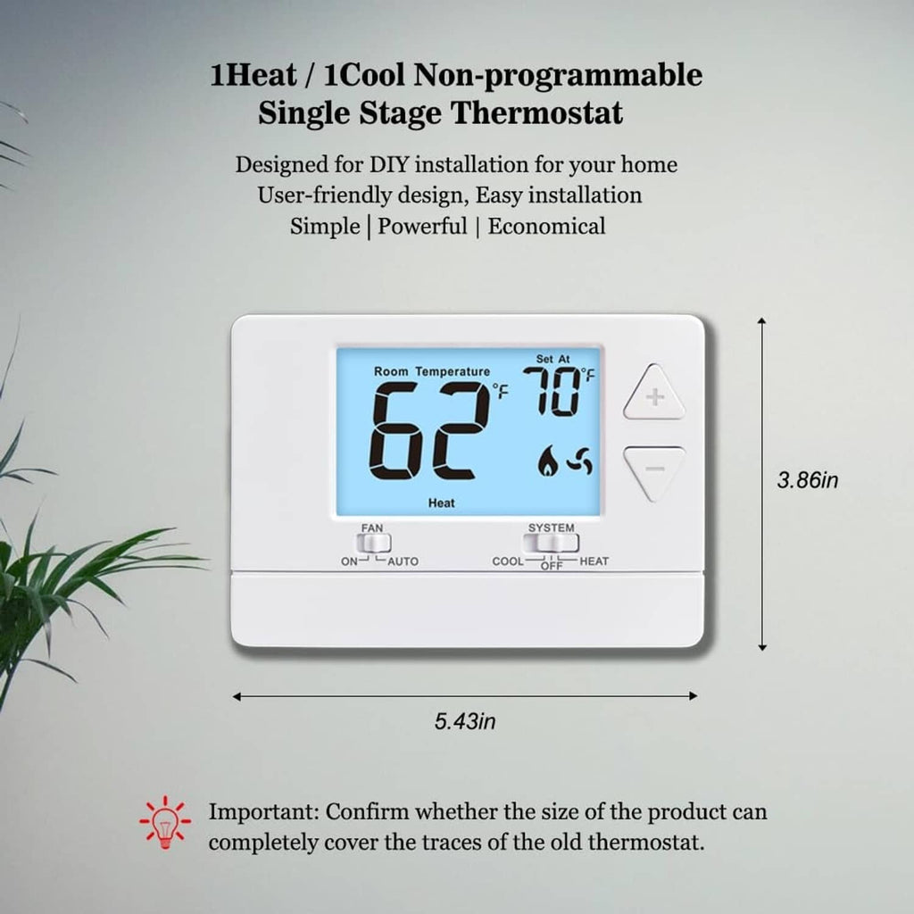 White thermostat with blue digital display and right-side plus and minus buttons