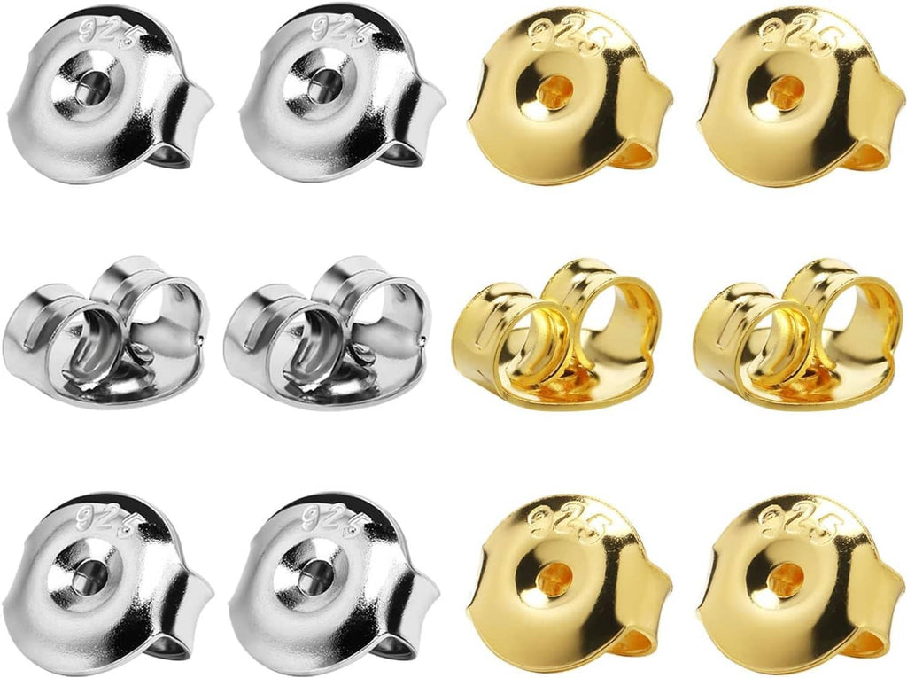 Round earring backs in silver and gold tone with push-post back openings