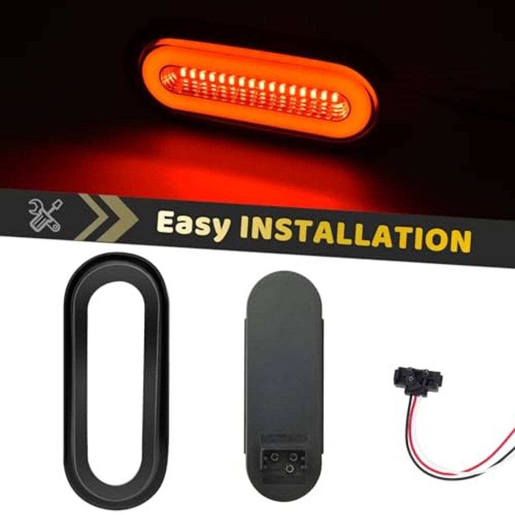 Oval red LED trailer light with black housing, plus mounting wires and back view
