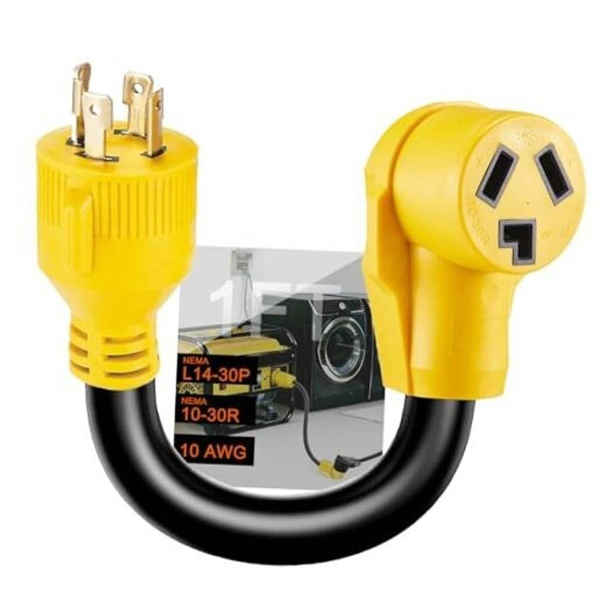 Yellow NEMA L14-30P to 10-30R adapter cord with twist-lock plugs and black cable