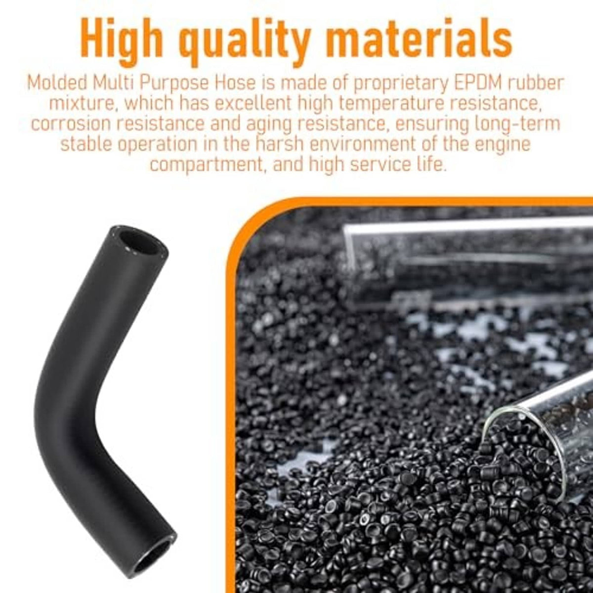 Black molded rubber hose elbow with open ends, shown beside material particles