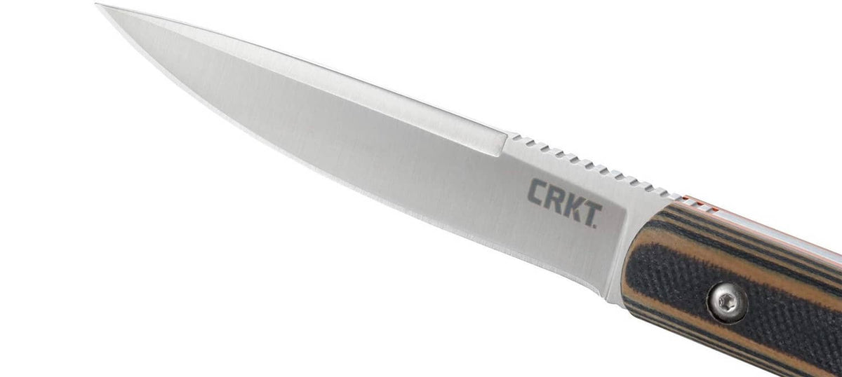 Fixed blade knife blade and striped dark G10 handle with CRKT logo