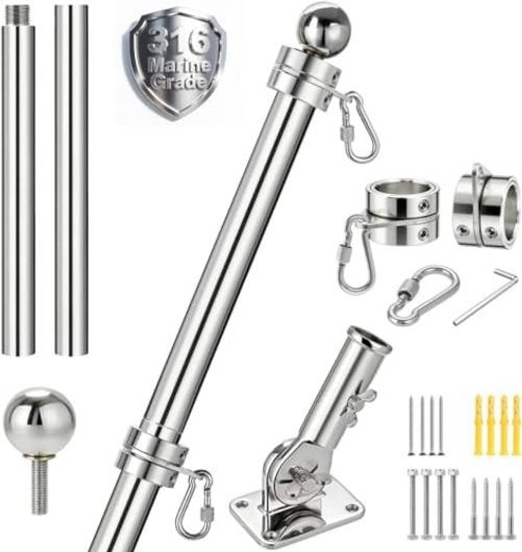 Stainless flagpole kit set with ball finial, base mount, clamps, rings and screws