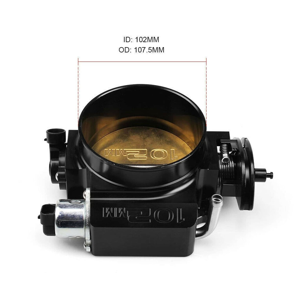 102mm throttle body with gold interior bore and black housing, front view