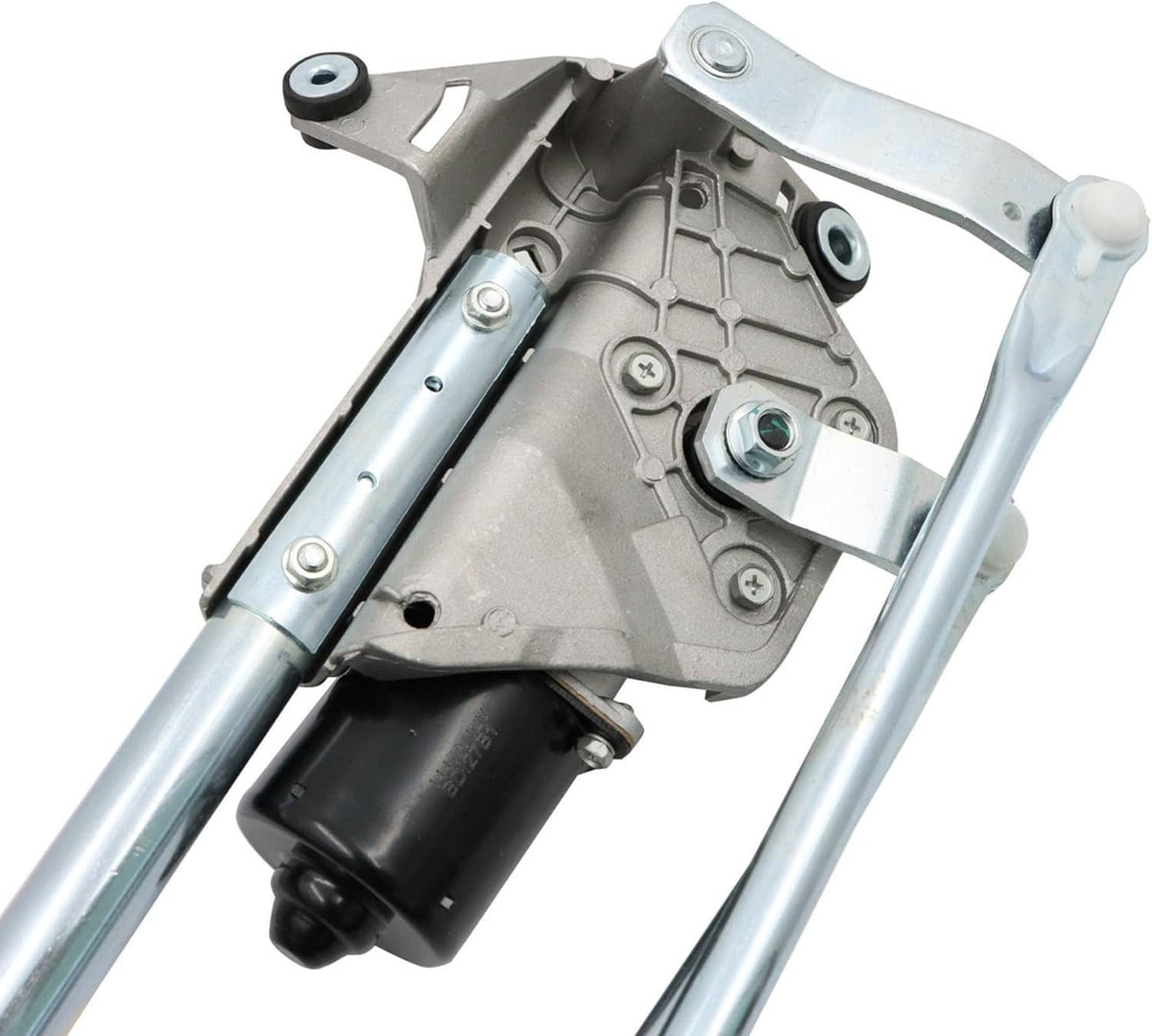 Windshield wiper linkage assembly with motor, detailed gray gearbox and metal support arms