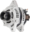 Automotive alternator with black pulley and vented aluminum housing, mounting bracket attached