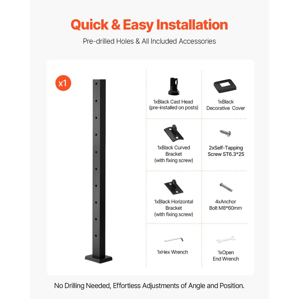 Pre-drilled black cable railing post with included hardware for quick installation