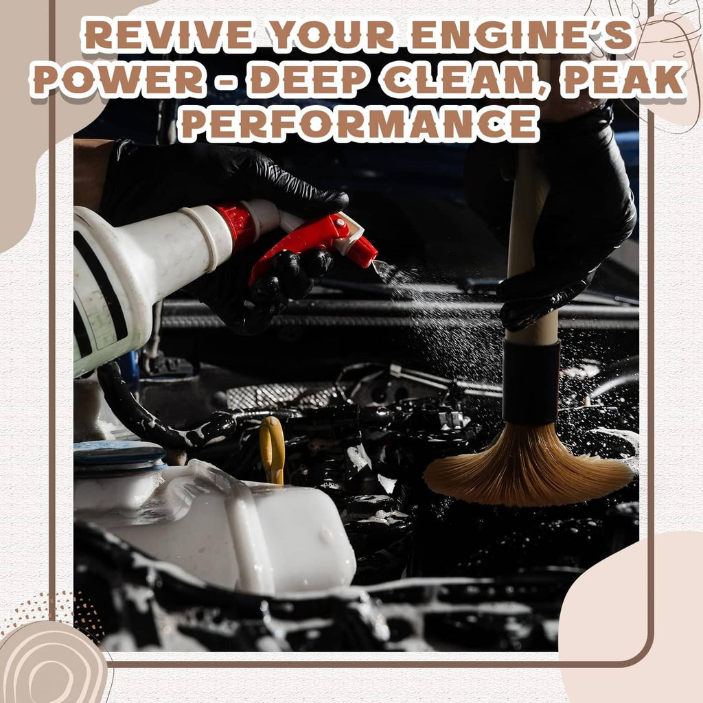 Beige parts cleaning brush scrubbing engine components with soft bristles