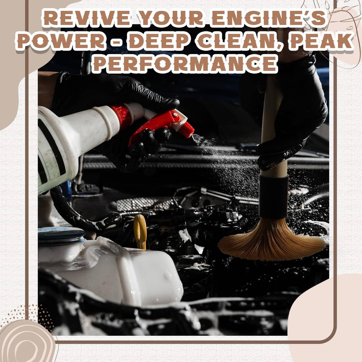 Beige parts cleaning brush scrubbing engine components with soft bristles