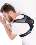 Side-sleeping position trainer harness with black mesh panel and adjustable straps