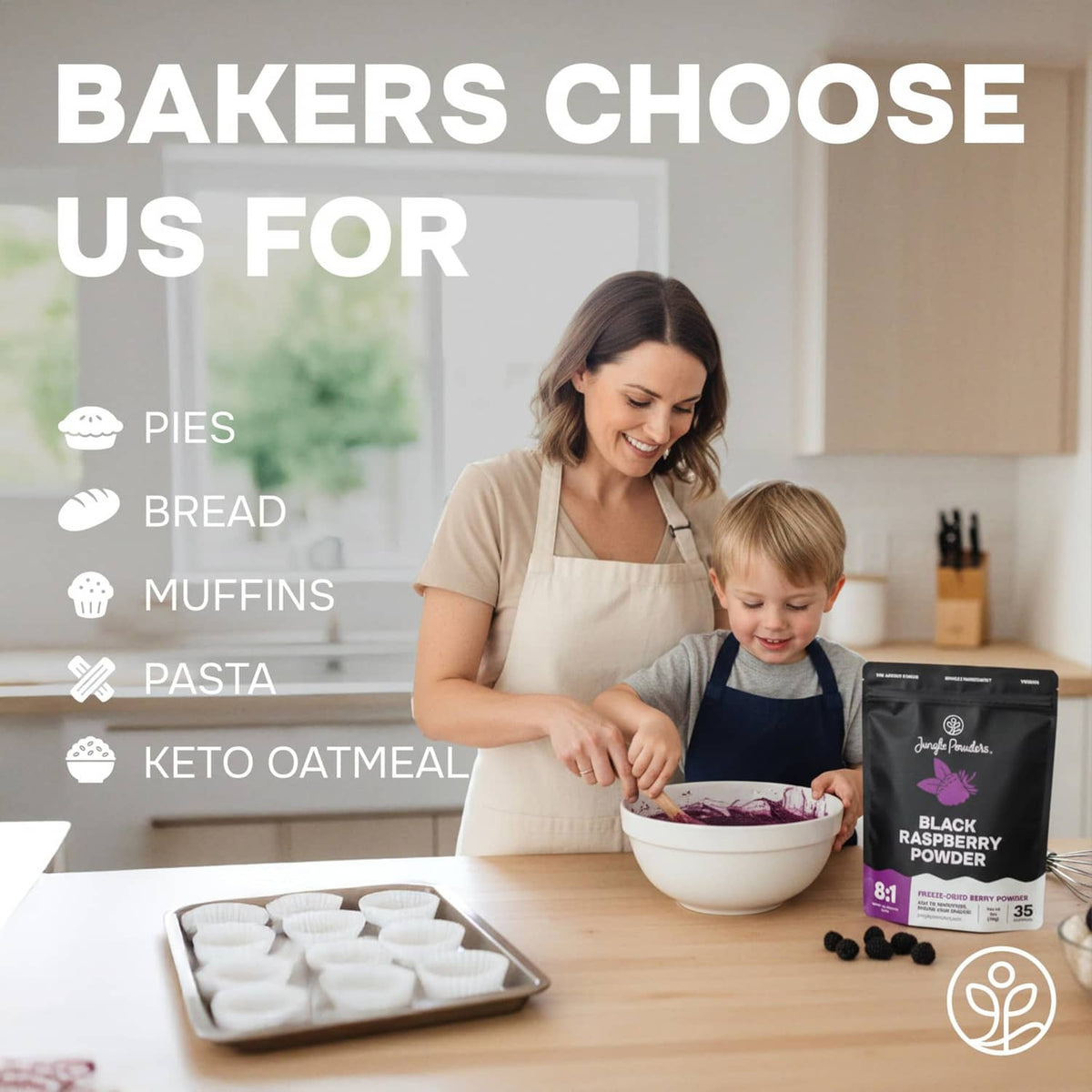 Black raspberry powder pouch held near a child and bowl for baking